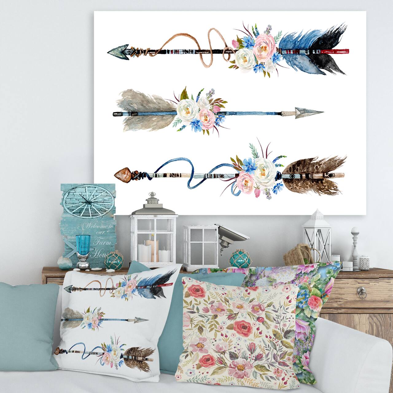 Designart - Ethnic Feathers and Flowers On Native Arrows I - Bohemian & Eclectic Canvas Wall Art Print